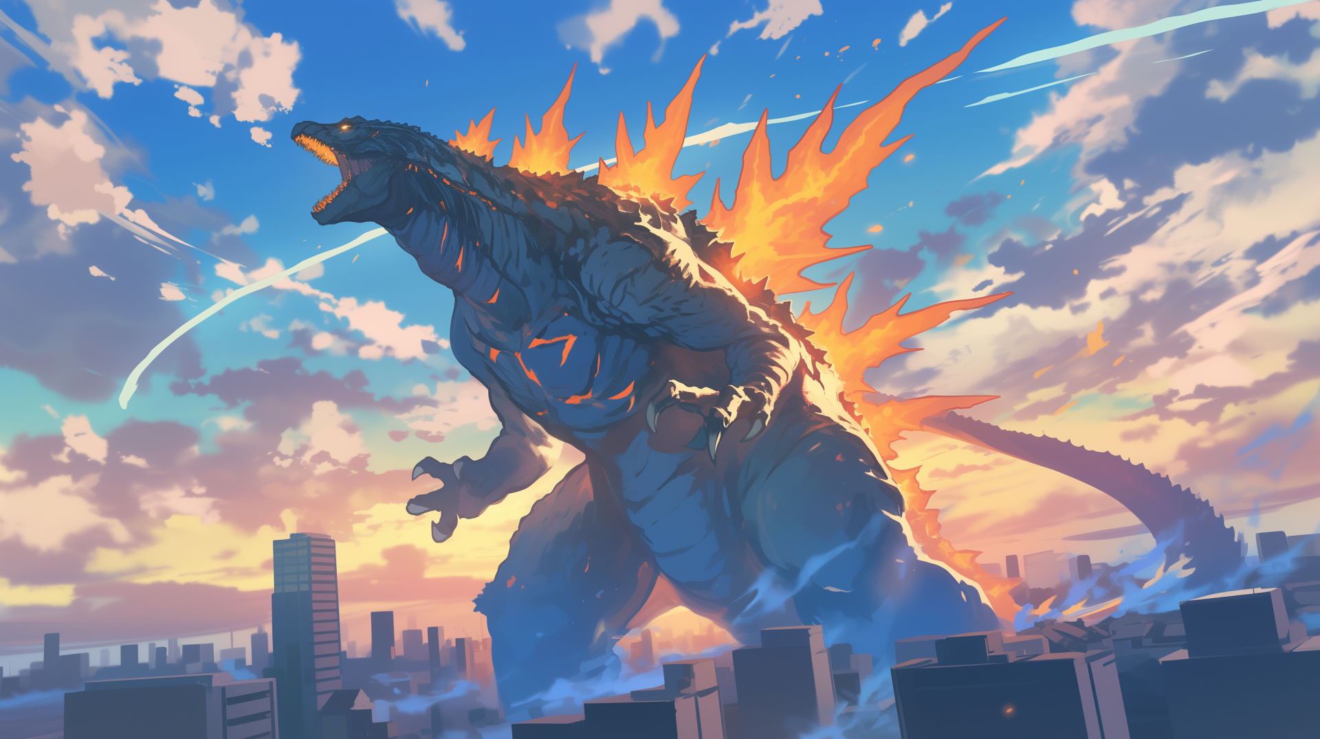 HD desktop wallpaper featuring an anime-style depiction of Godzilla, roaring against a vibrant sunset sky, with fire and energy flaring from its back, set above a cityscape below.