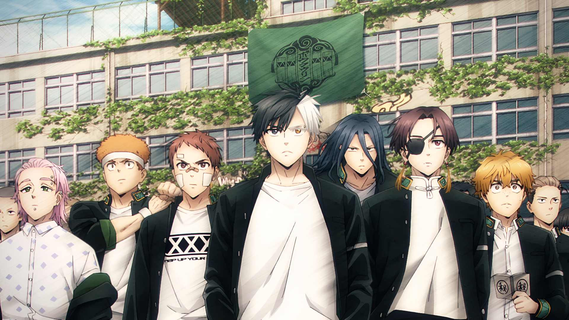 Anime-style 4K Ultra HD Wind Breaker PC wallpaper featuring a group of seven diverse characters standing in front of a school building with a green flag overhead.