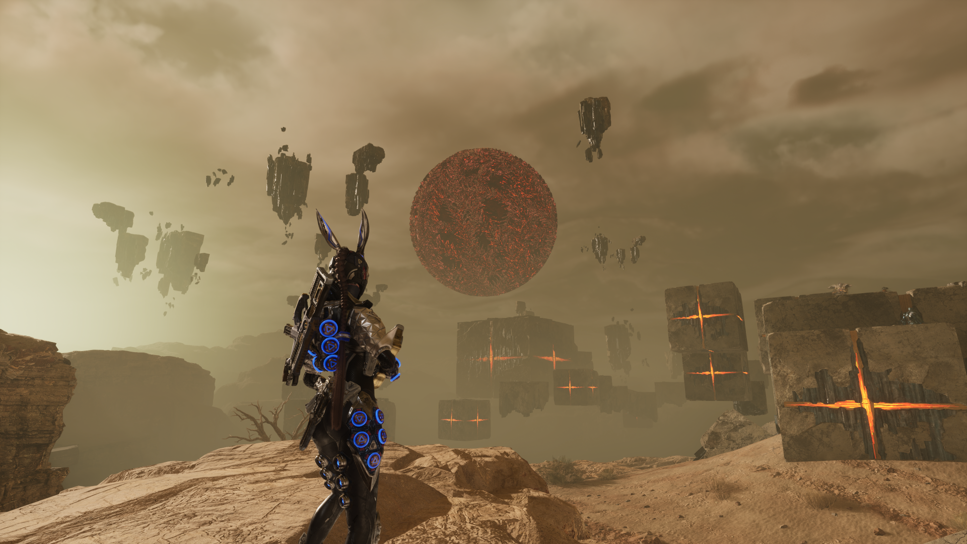 HD desktop wallpaper and background from the video game The First Descendant, featuring a futuristic character observing a surreal, floating landscape with a large, red celestial body in the sky.