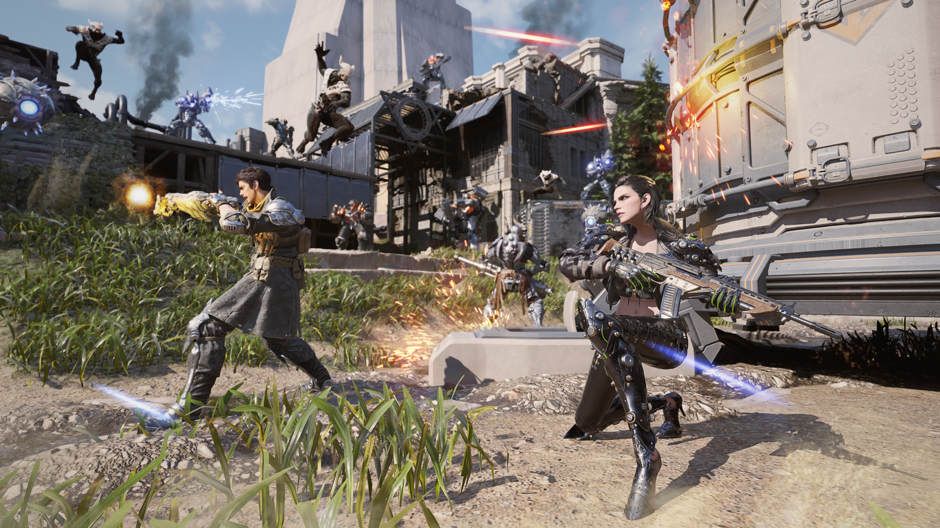 High-definition desktop wallpaper and background featuring an action-packed scene from the video game The First Descendant, showcasing characters in intense, futuristic combat.