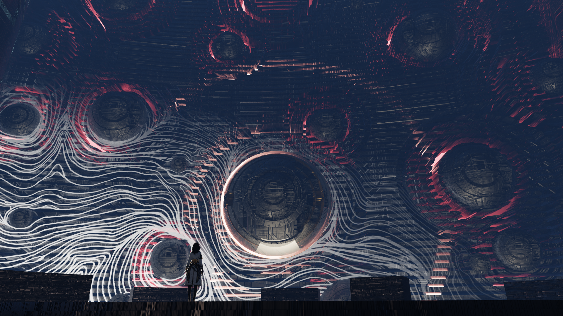 HD desktop wallpaper and background from the video game The First Descendant, featuring a lone character standing before a futuristic, intricate structure with swirling patterns and glowing elements.