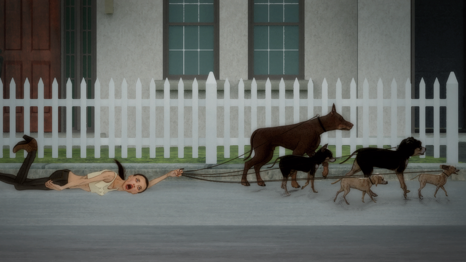 HD desktop wallpaper from the TV show Psi Cops featuring a scene of a person being dragged by a group of dogs in front of a white picket fence.
