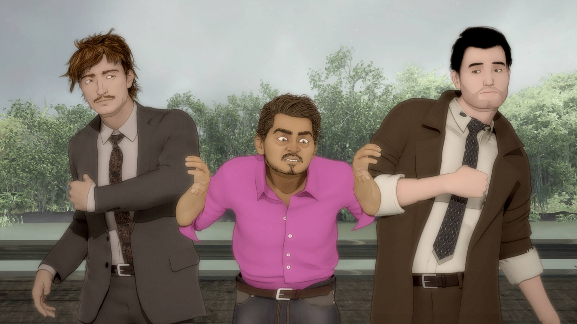 HD desktop wallpaper and background from the TV show Psi Cops, featuring three animated characters, with a lush, green forest in the background.