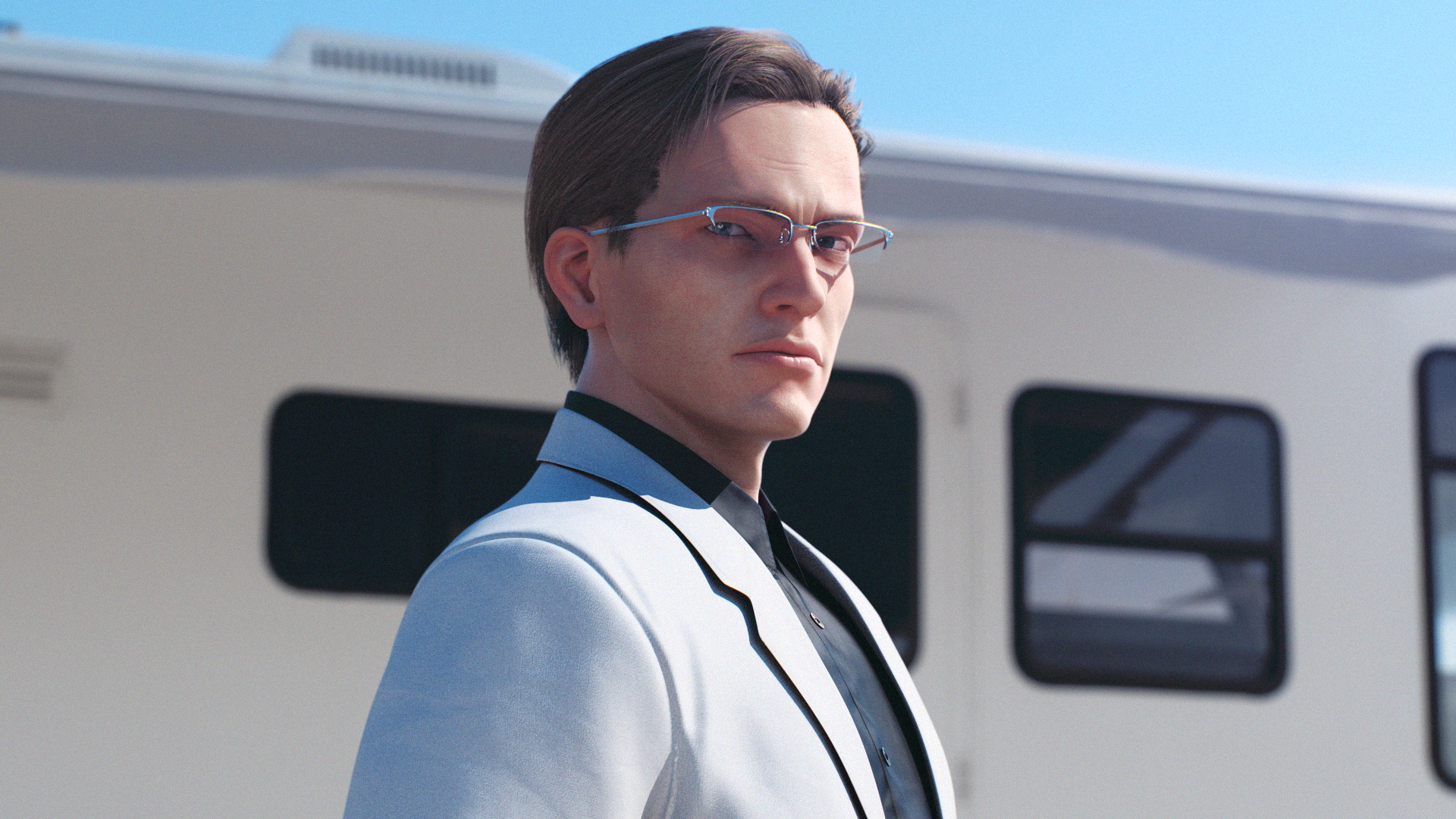 HD wallpaper featuring a character from Ace Combat 7: Skies Unknown, clad in a white suit and glasses, set against a backdrop with windows.