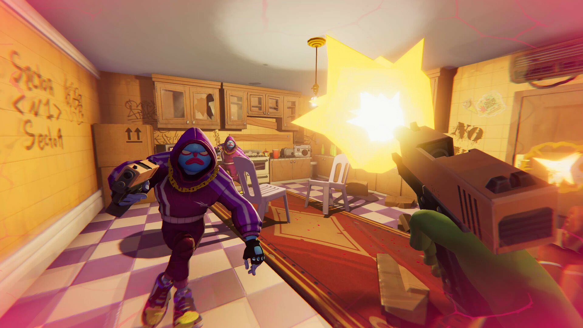 HD desktop wallpaper featuring action from the video game Anger Foot, showing a chaotic kitchen scene with characters in purple attacking as a gun is fired.