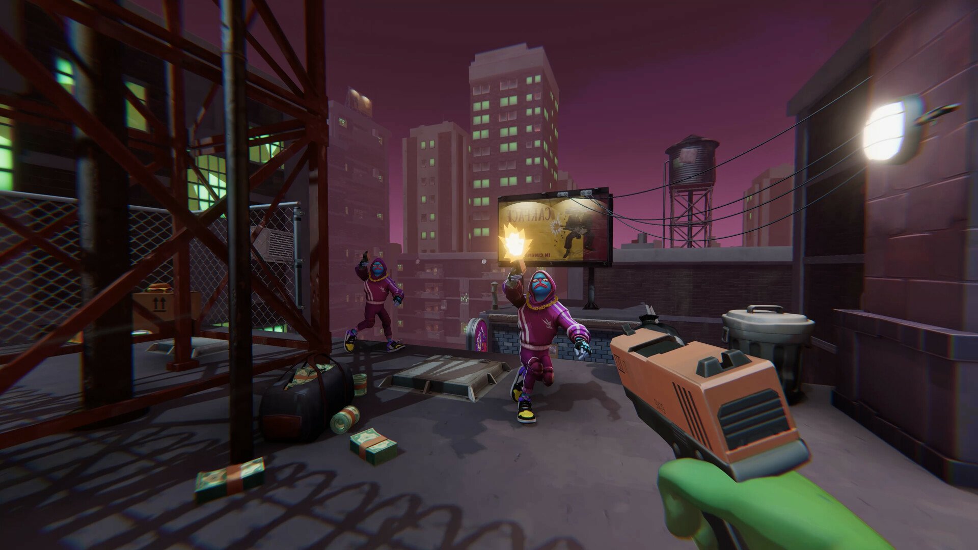 HD desktop wallpaper featuring a scene from the video game Anger Foot, depicting a character with a green sleeve pointing a pistol at two enemies on a rooftop in a vibrant cityscape.