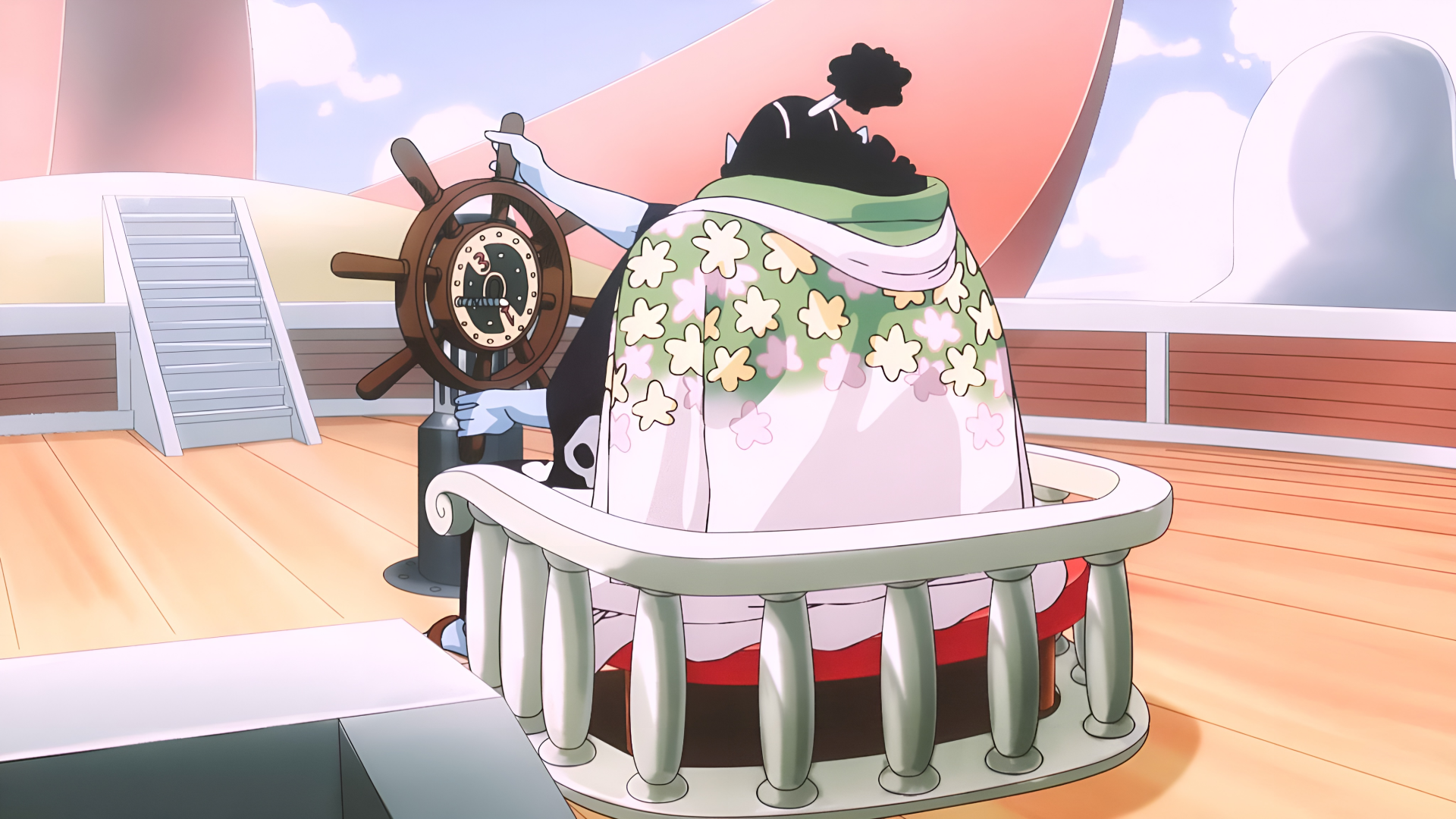 Anime-style 4K Ultra HD desktop wallpaper featuring Jinbe from One Piece onboard a ship, captured in vibrant colors and detailed shading.