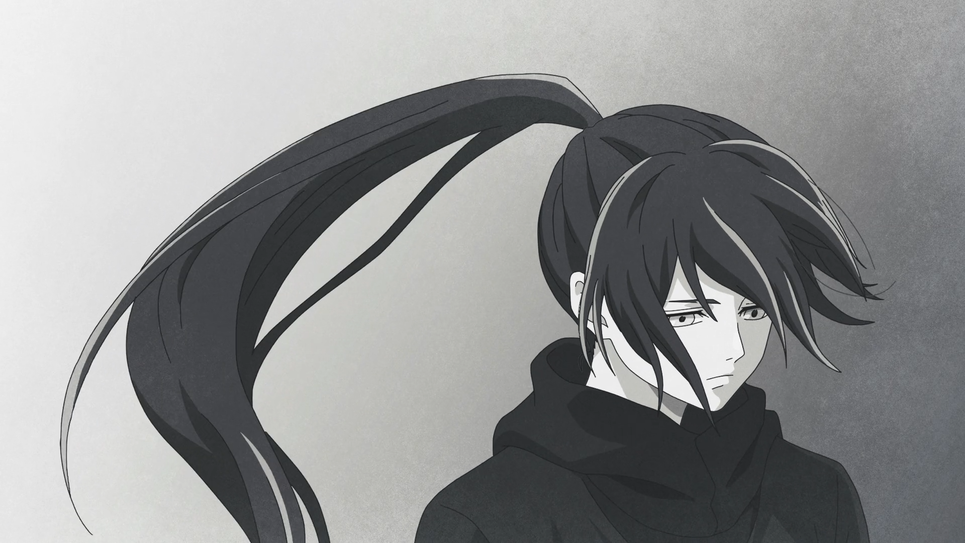 HD anime desktop wallpaper featuring Baam from Tower of God with a monochrome palette and flowing black hair against a gray background.