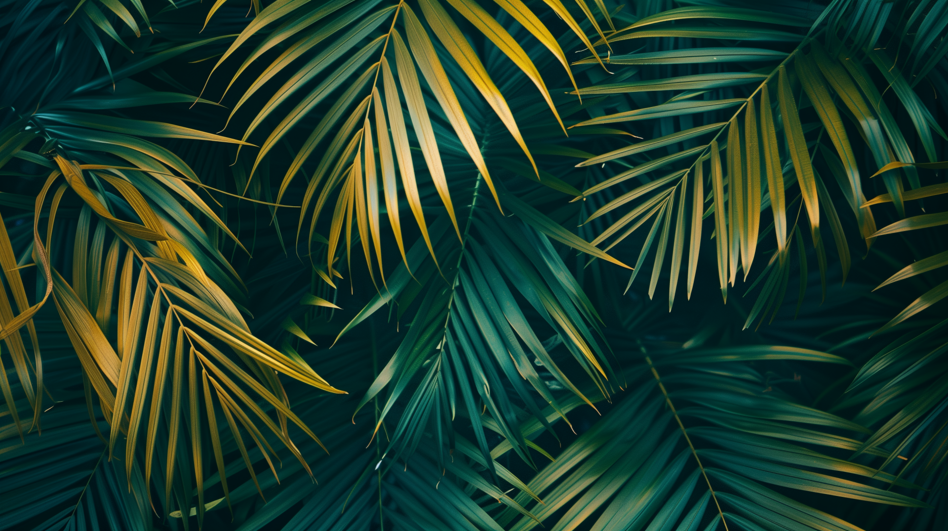HD desktop wallpaper featuring a lush, vibrant pattern of overlapping green palm leaves, creating a natural and refreshing background.
