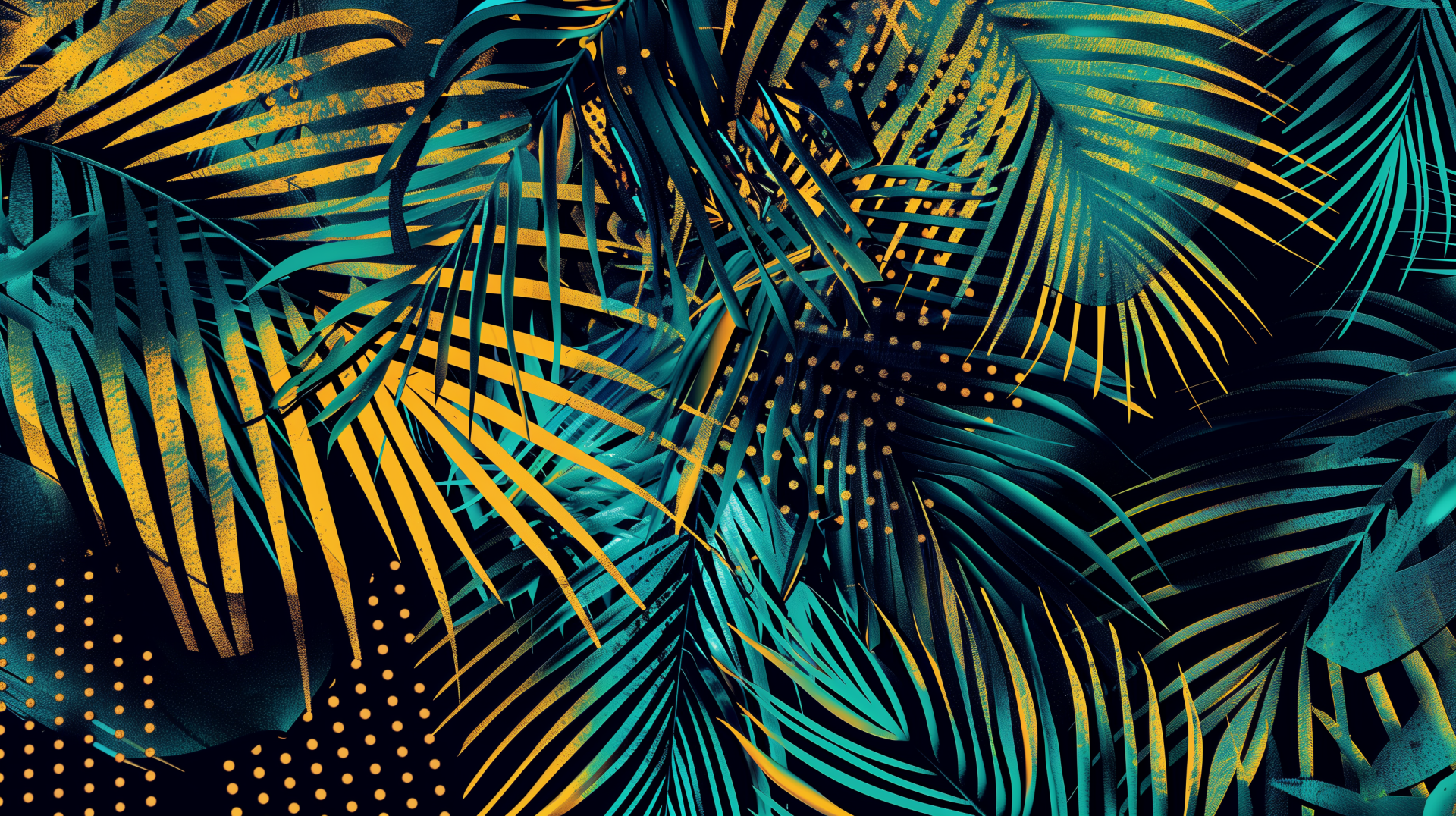 HD desktop wallpaper featuring vibrant palm leaves with green and yellow hues, creating a dynamic and tropical nature-inspired background.