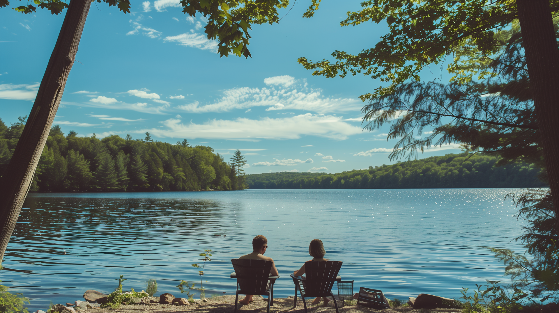 A serene HD wallpaper featuring two people relaxing by a tranquil lake surrounded by lush greenery, capturing a peaceful vacation moment under a clear blue sky.