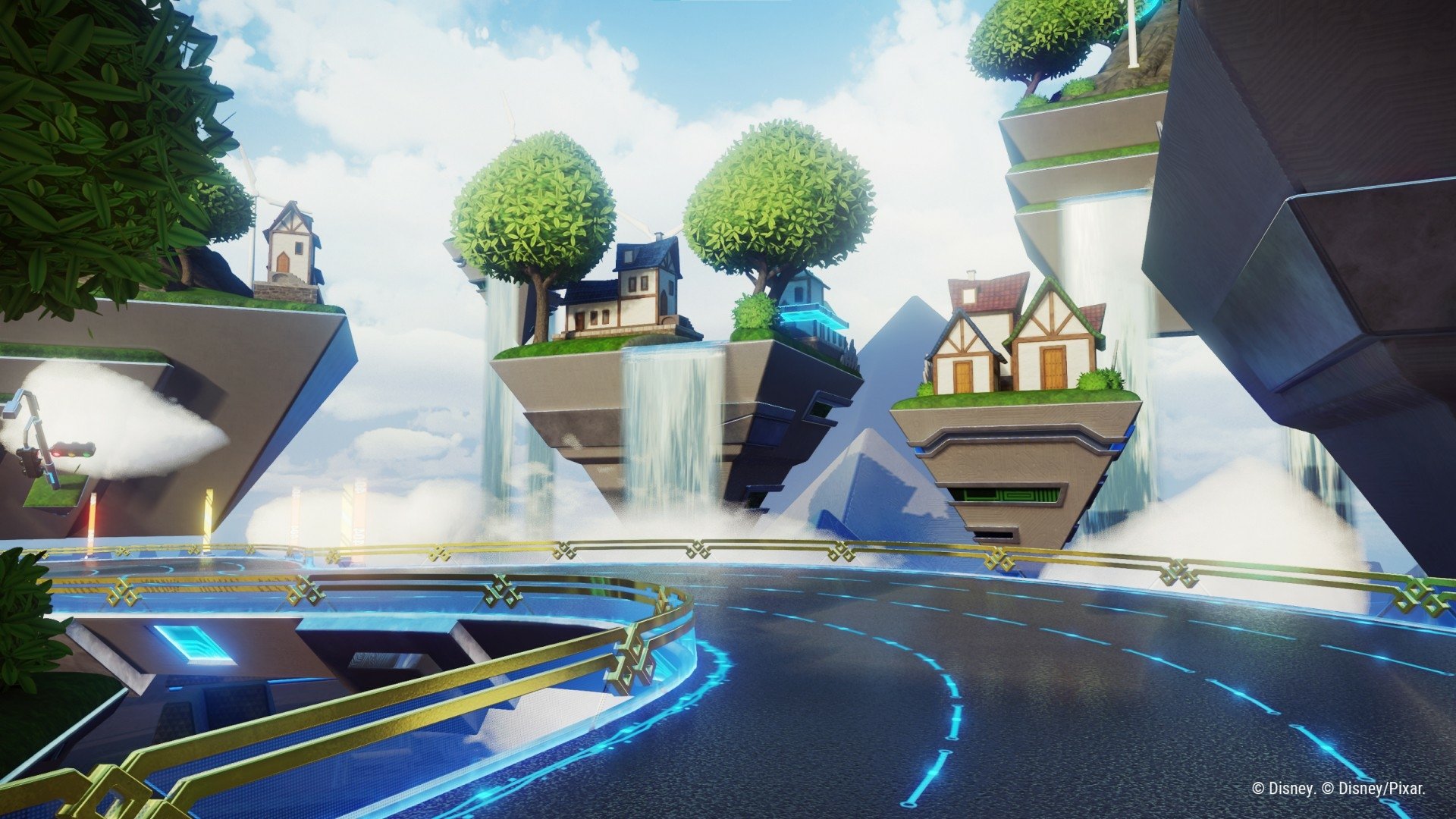 HD desktop wallpaper of Disney Speedstorm video game, showcasing a futuristic racetrack with floating islands and houses, vibrant scenery, and a clear sky.