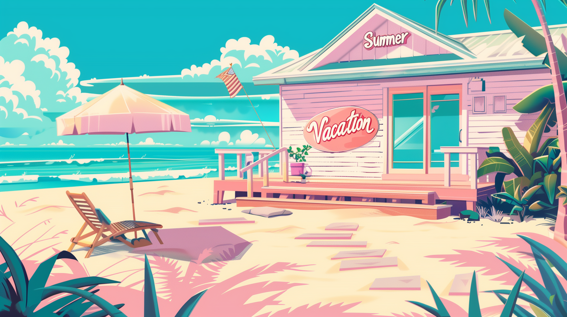HD summer vacation beach house wallpaper featuring a serene beachfront scene with an inviting house, umbrella, and lounge chair, epitomizing a relaxing tropical getaway.