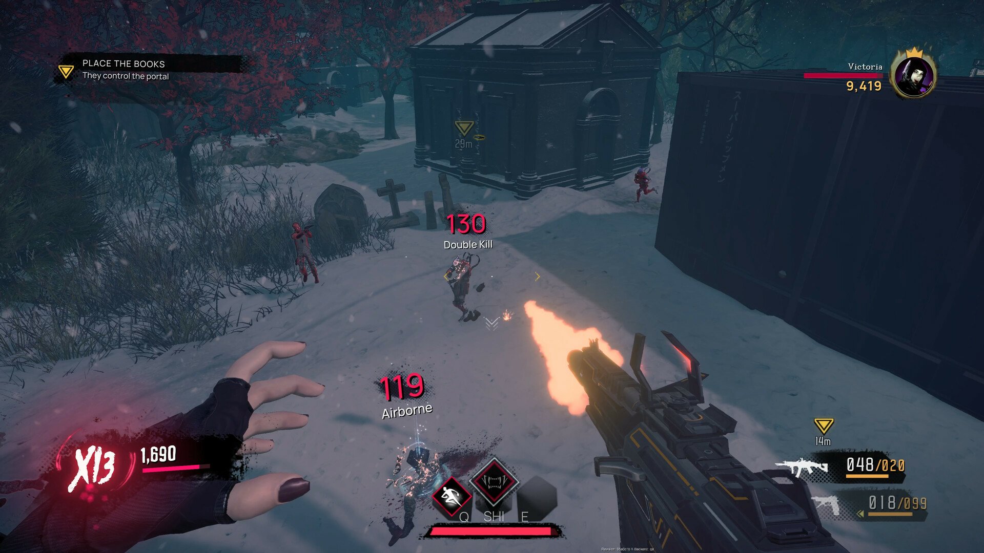 HD desktop wallpaper featuring intense gameplay from the video game EvilVEvil, showcasing a snowy battlefield with characters in combat, using firearms and special abilities.