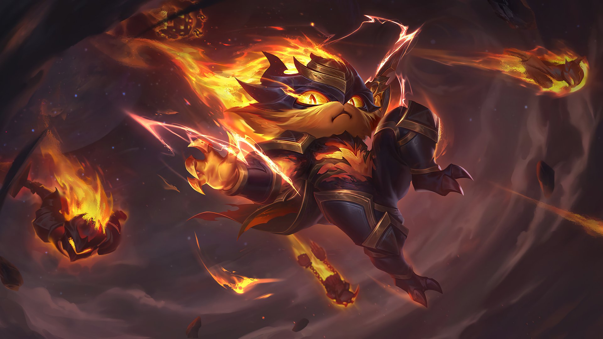 HD desktop wallpaper featuring Kennen from the video game Legends of Runeterra and League of Legends, showcasing him in a dynamic, fiery action scene.