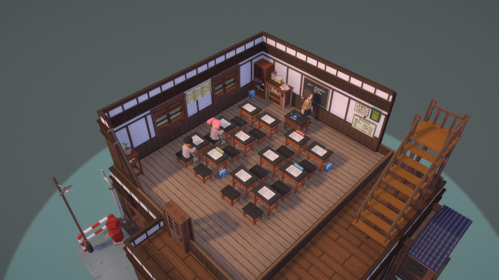 HD desktop wallpaper of a classroom scene from the video game Let's School, featuring a detailed, top-down view of wooden desks, chairs, students, and a teacher in a traditional Japanese-style room.