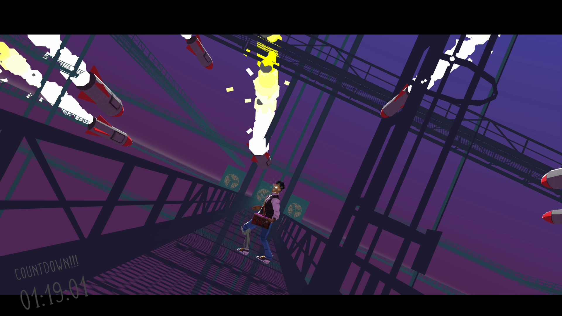 HD desktop wallpaper featuring a scene from the video game Aerial_Knight's Never Yield depicting a character running on a purple and blue-toned industrial platform with missiles exploding overhead.