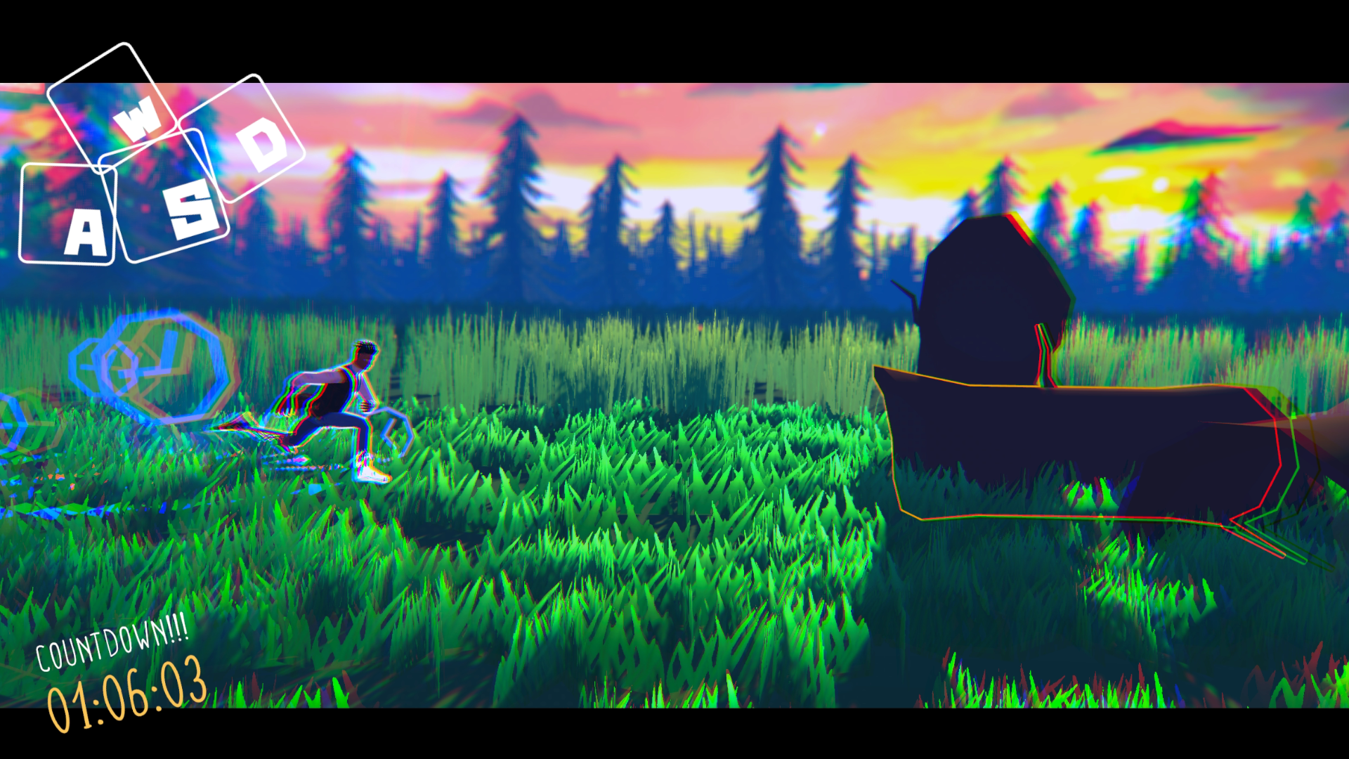 HD desktop wallpaper featuring vibrant, neon-colored gameplay from Aerial_Knight's Never Yield, set in a lush, stylized landscape with a runner evading obstacles at sunset.