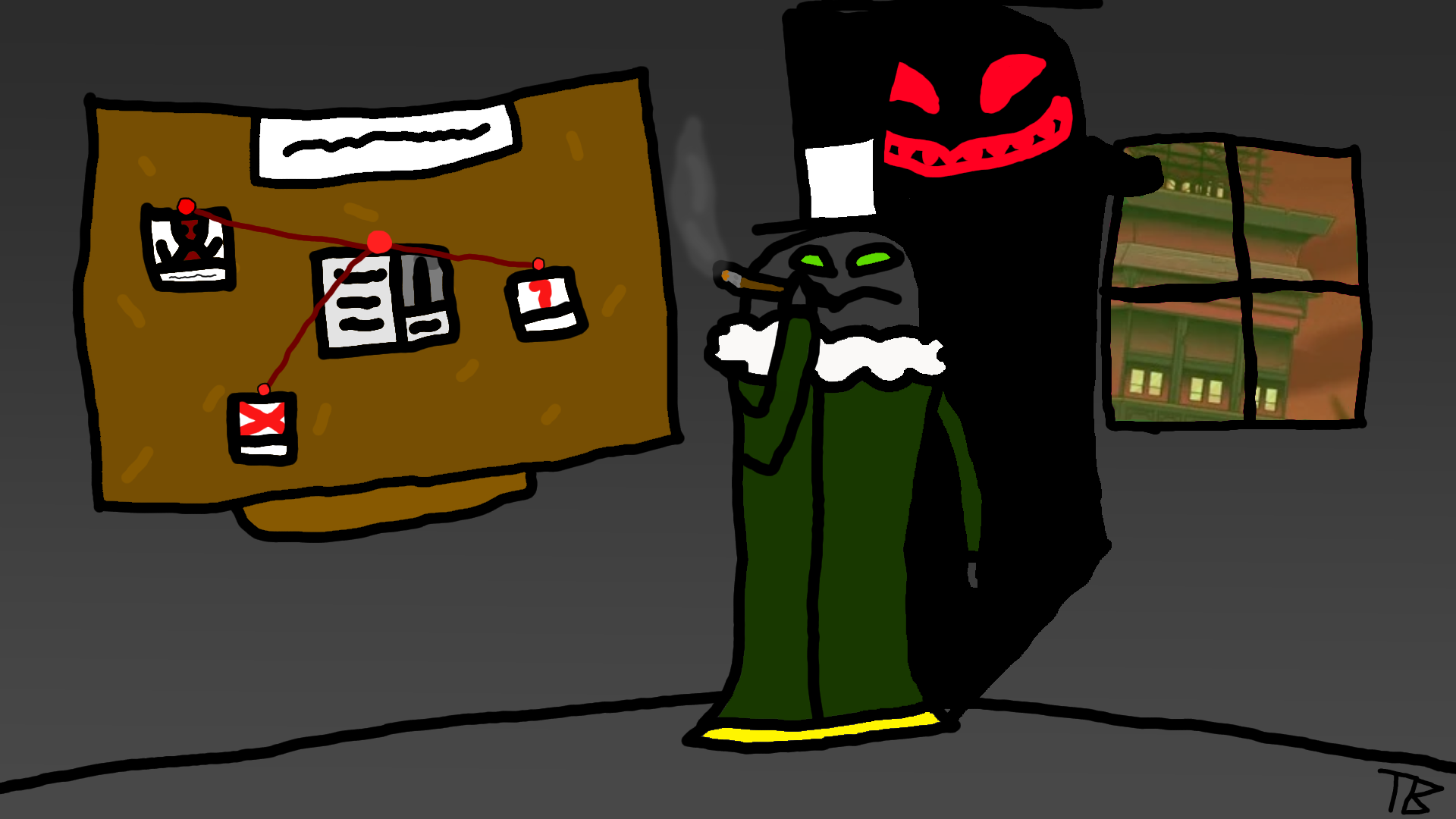 HD PC desktop wallpaper featuring stylized characters from Helluva Boss and Hazbin Hotel in a dark room with a bulletin board and window in the background.