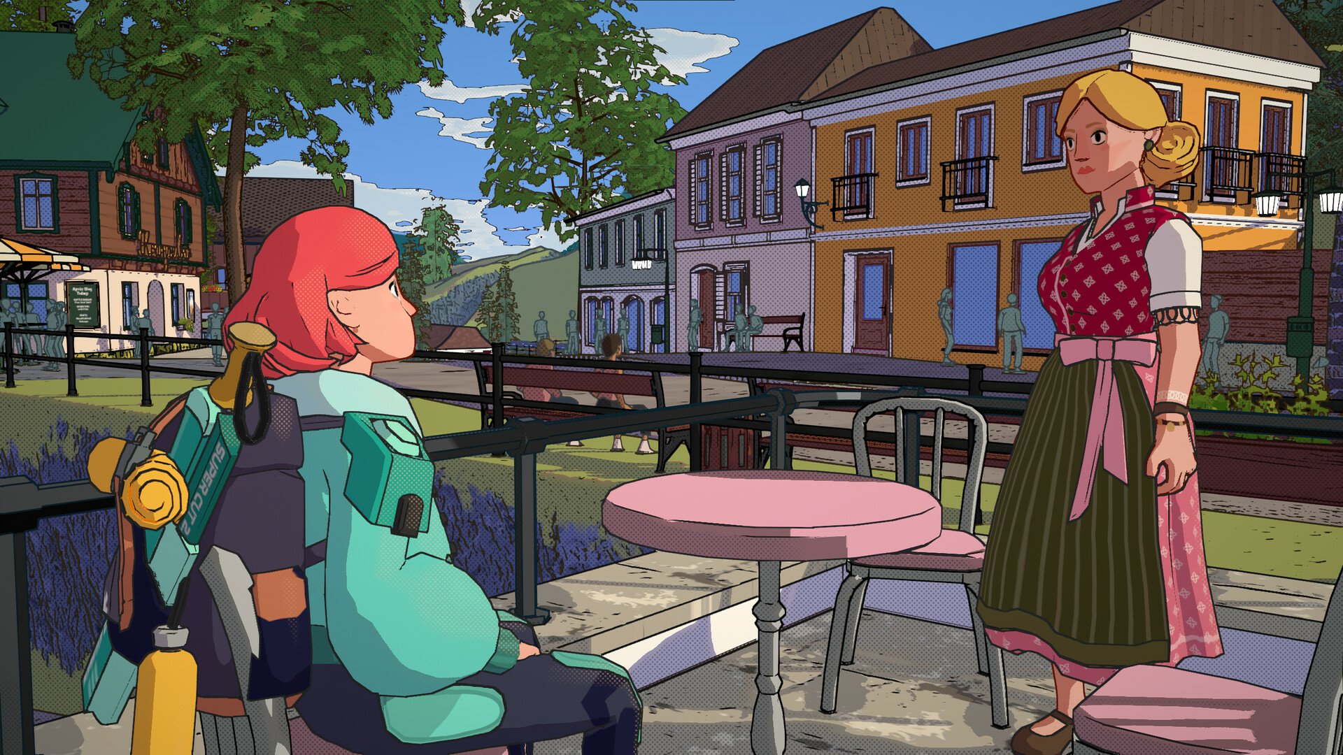 An HD desktop wallpaper from Dungeons of Hinterberg video game, featuring two characters conversing in a colorful outdoor café setting.