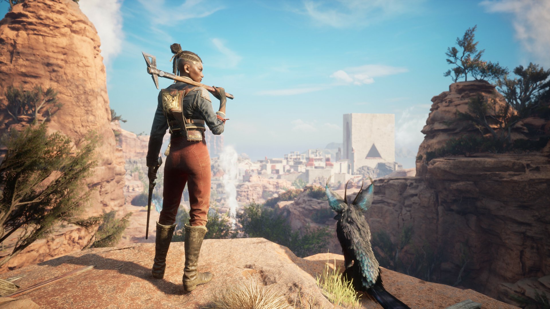 HD wallpaper of Flintlock: The Siege of Dawn, featuring a character holding an axe, standing on a rocky landscape overlooking a city with a dark creature beside them.