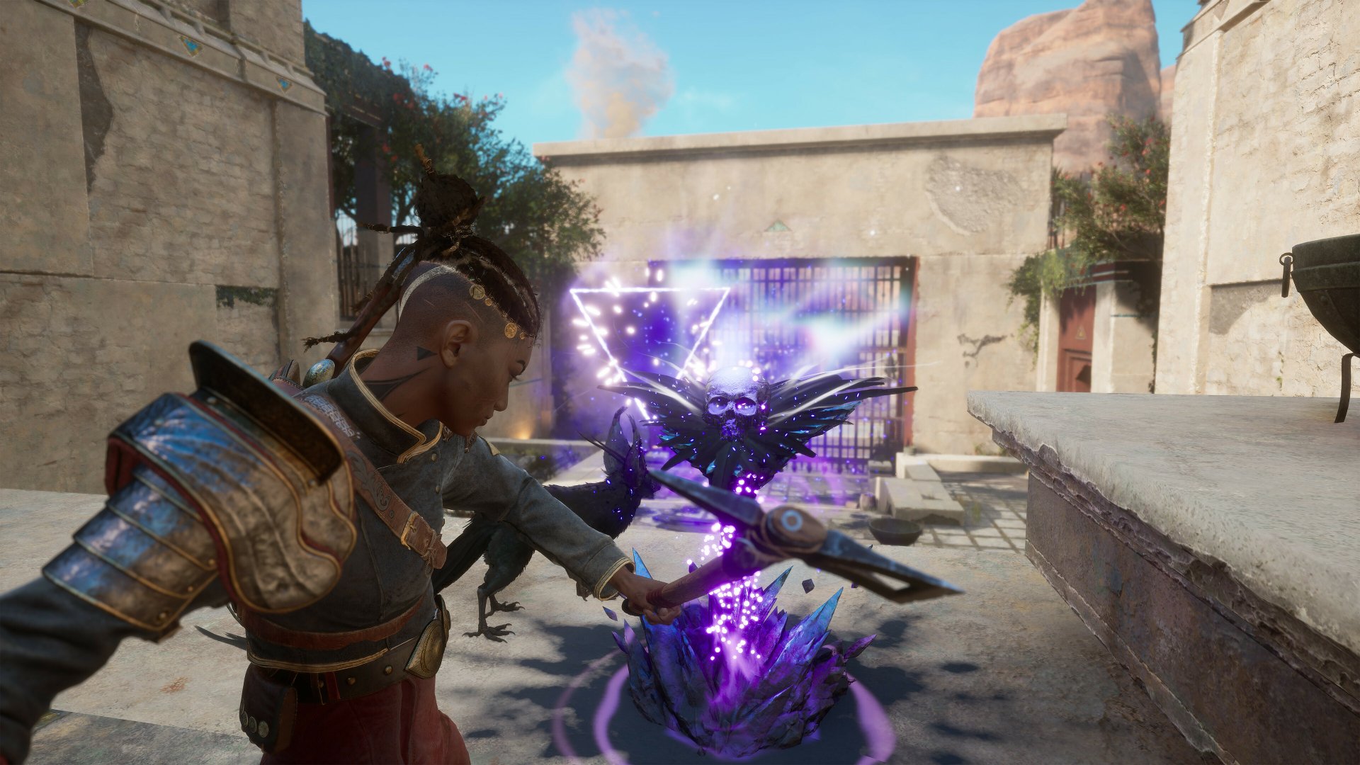 HD desktop wallpaper from the video game Flintlock: The Siege of Dawn, depicting an intense battle scene with a character striking a magical creature in a sunlit courtyard.