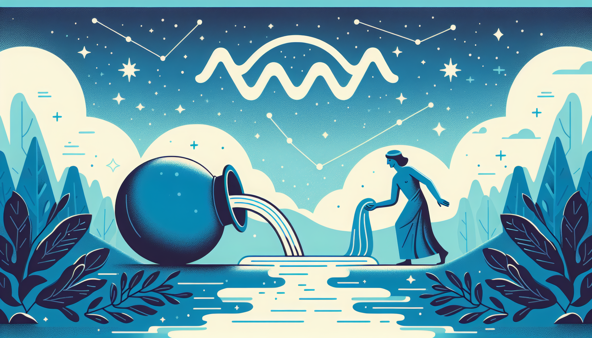 HD desktop wallpaper featuring an artistic representation of the Aquarius zodiac sign, with a figure pouring water from a vessel into a serene landscape under a starry sky with constellation outlines.