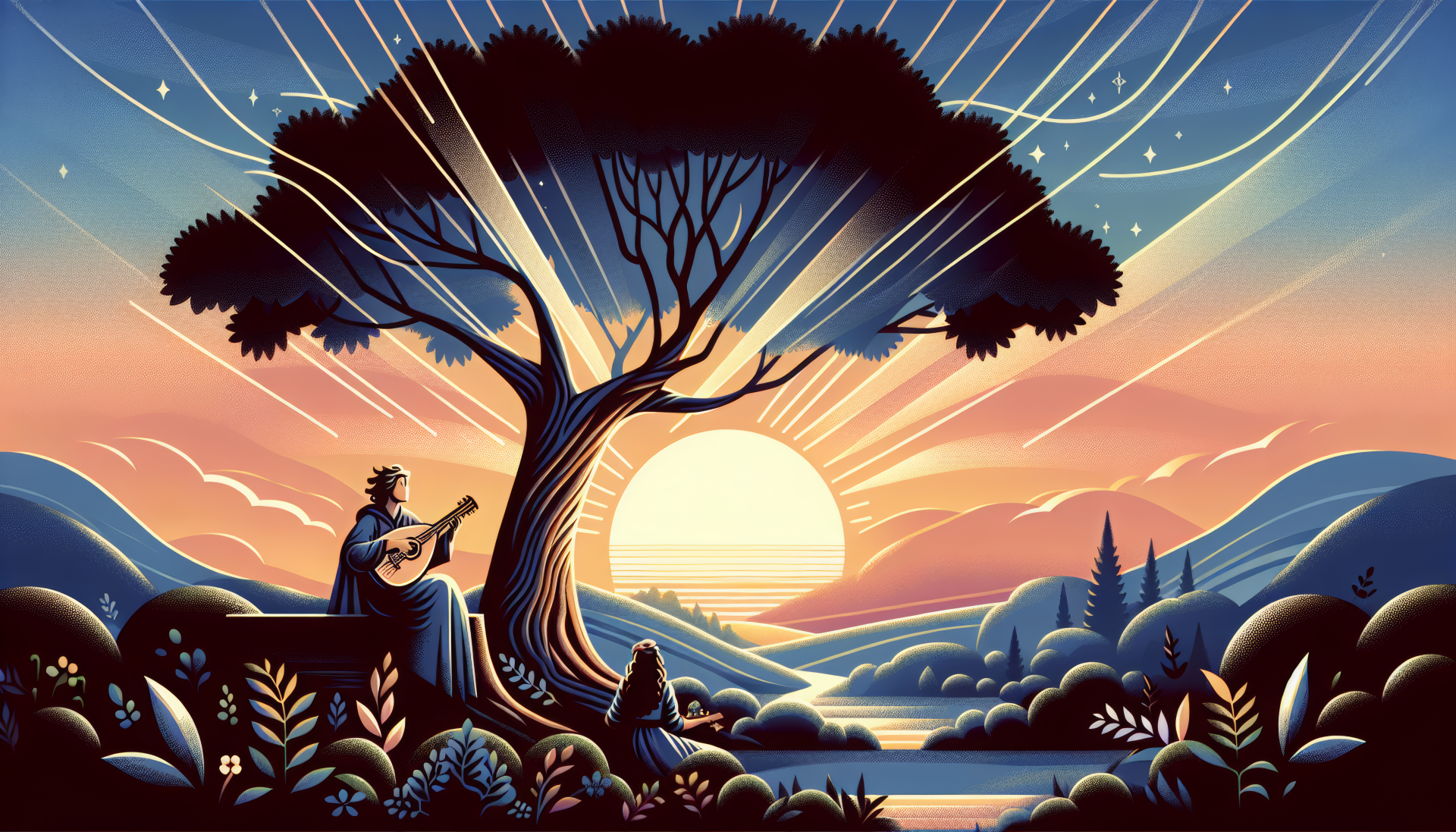 HD desktop wallpaper showing a bard playing an instrument under a tree at sunset with a figure sitting on the grass, against a serene landscape with a river and hills.