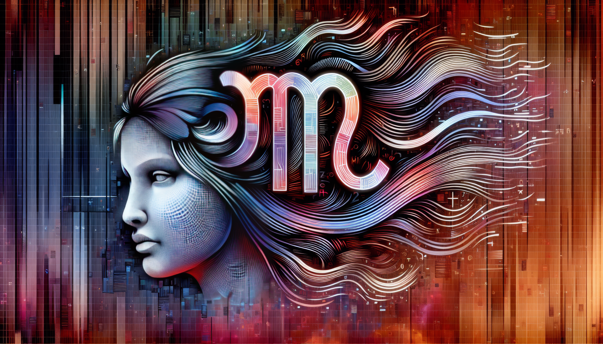 HD desktop wallpaper featuring an artistic representation of Virgo (Astrology) with a colorful, dynamic background and a woman's profile integrated with cosmic and abstract elements.