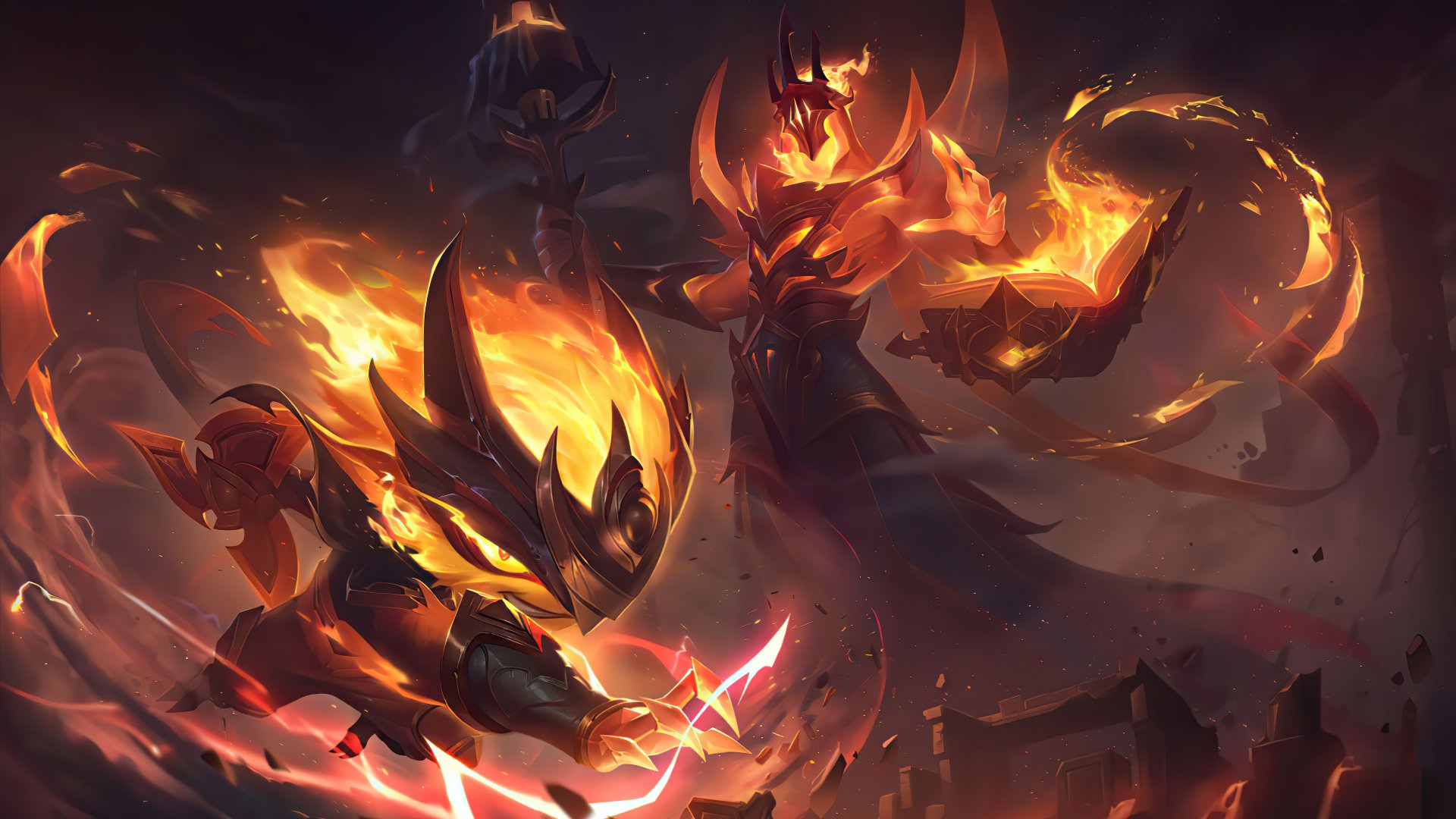 HD desktop wallpaper featuring Karthus from League of Legends, depicted in a fiery battle scene with vibrant colors and intense action.