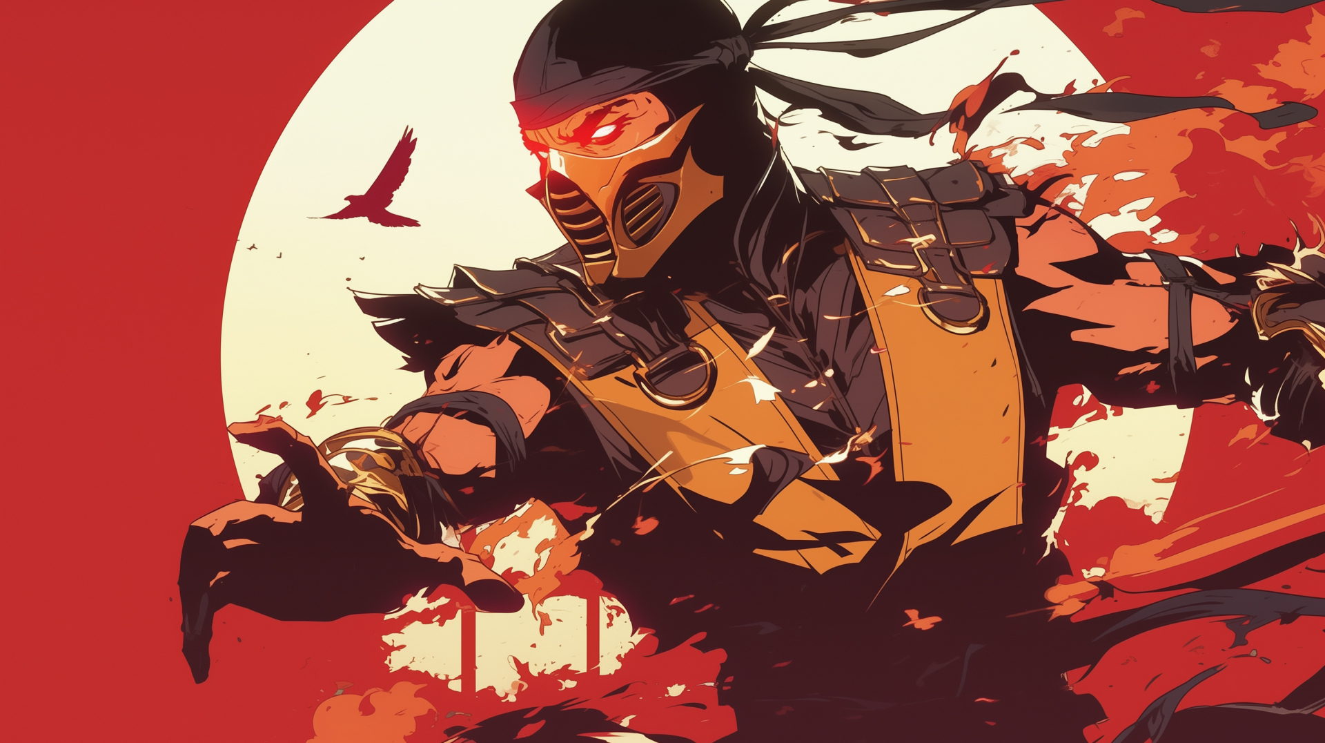 HD desktop wallpaper featuring Scorpion from Mortal Kombat in an intense, dynamic pose with a fiery background and vivid red accents.