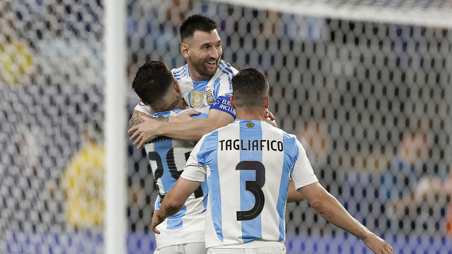 Argentina National Football Team players, including Lionel Messi, celebrate during a Copa América soccer match. (HD desktop wallpaper and background)