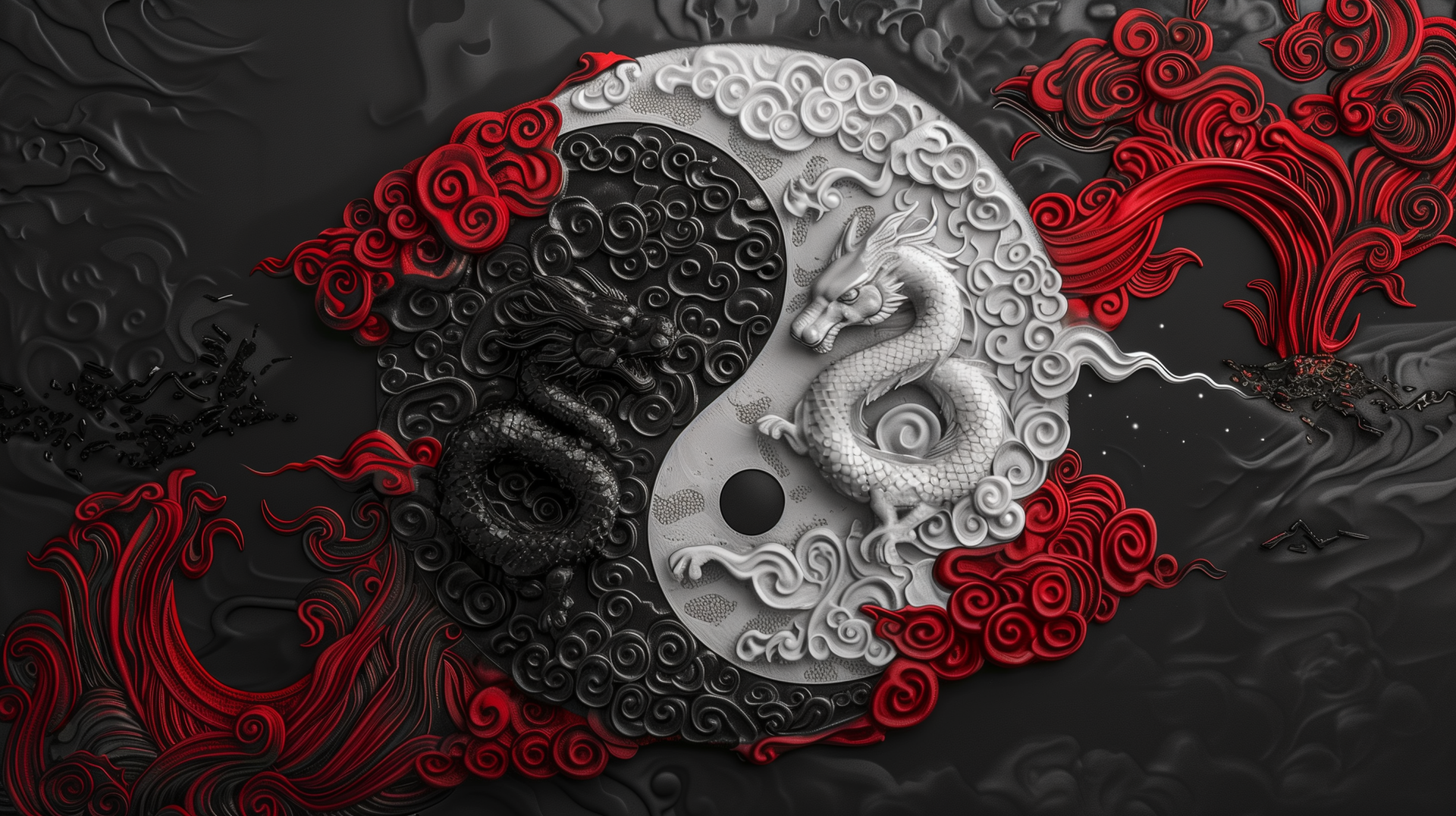 HD desktop wallpaper displaying a black and white Yin & Yang symbol with intricately designed dragons, set against a dark background with vibrant red patterns.