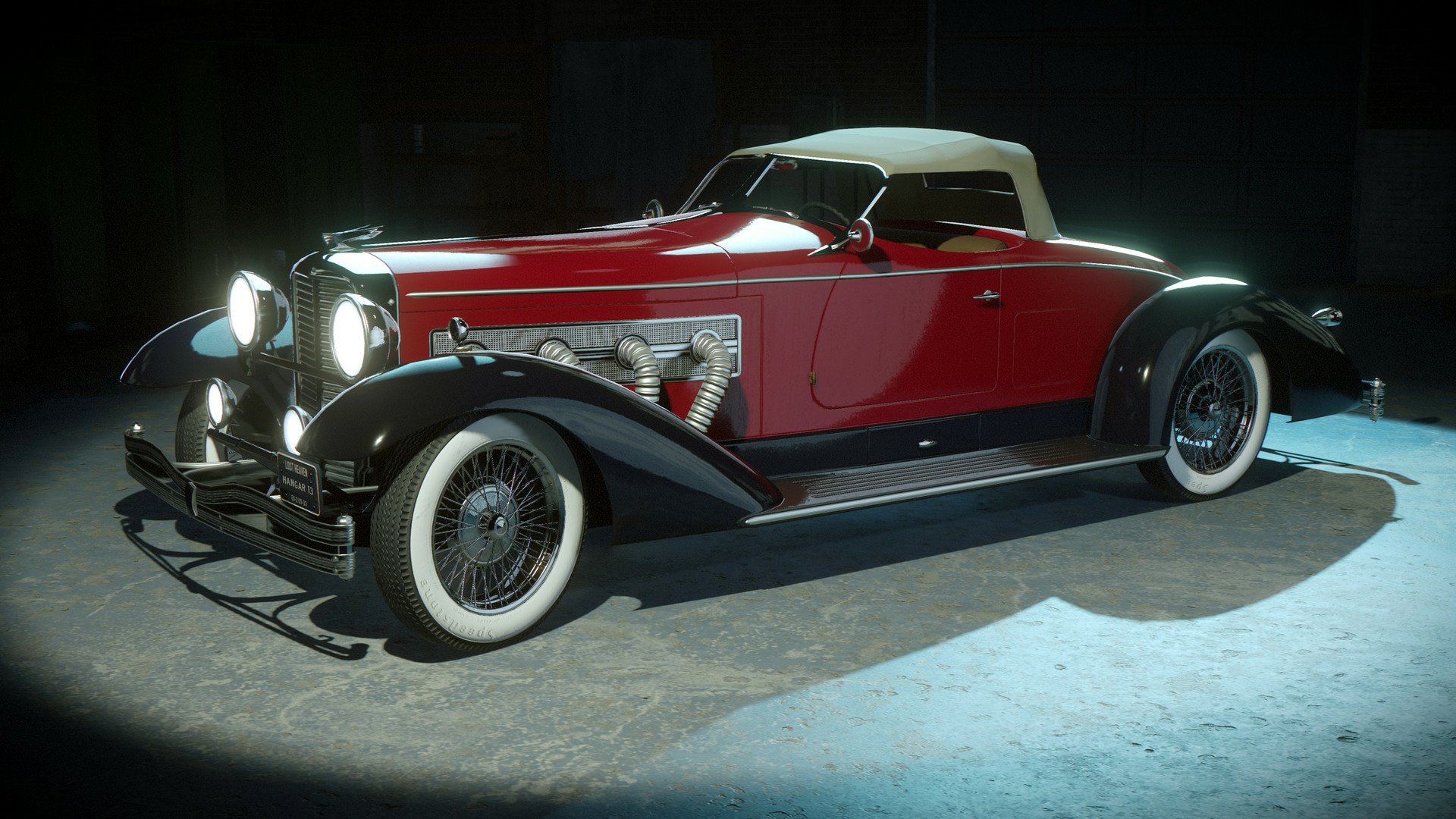 HD desktop wallpaper featuring a detailed vintage car from the video game Mafia: Definitive Edition, illuminated under a spotlight in a dim setting.