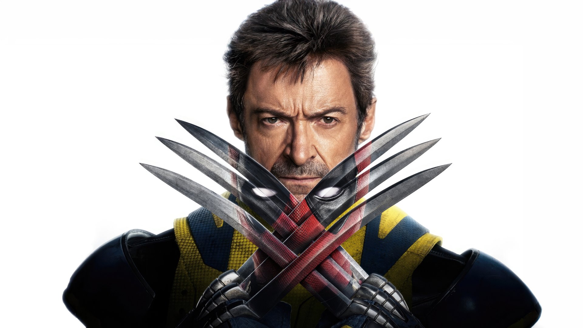 4K Ultra HD PC desktop wallpaper featuring Wolverine with crossed claws, overlaying Deadpool's mask in the background.