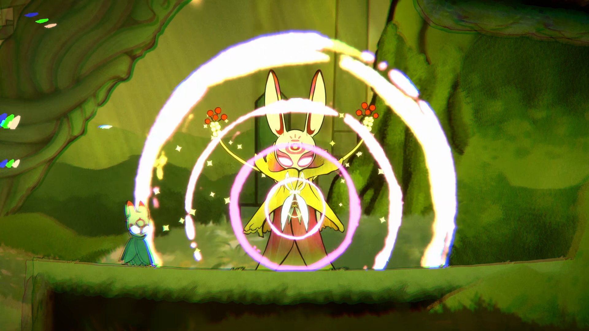 HD desktop wallpaper featuring a scene from the video game Bo: Path of the Teal Lotus, showcasing a vibrant character amidst magical, circular effects in a lush, green environment.