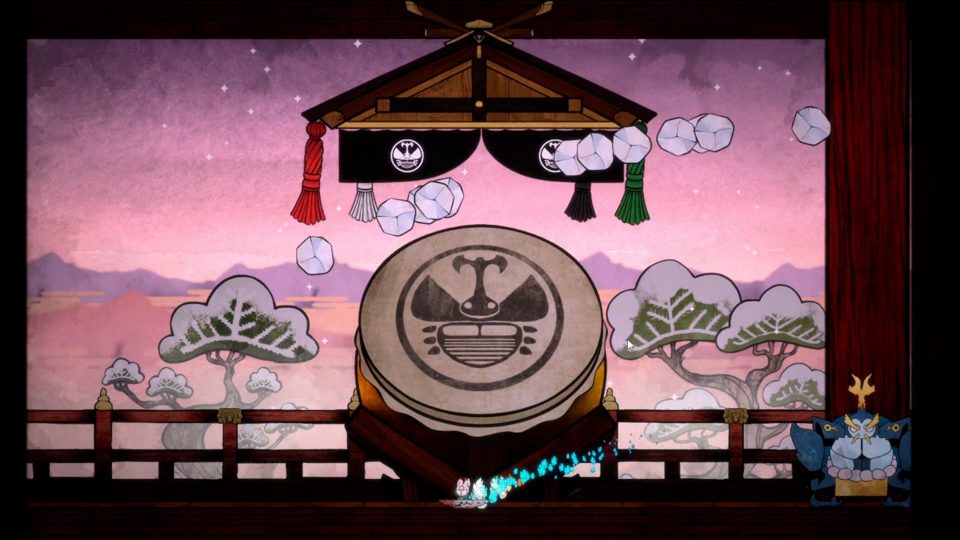 HD desktop wallpaper from video game Bo: Path of the Teal Lotus, featuring a serene sunset background with trees, a large drum, and floating lanterns.
