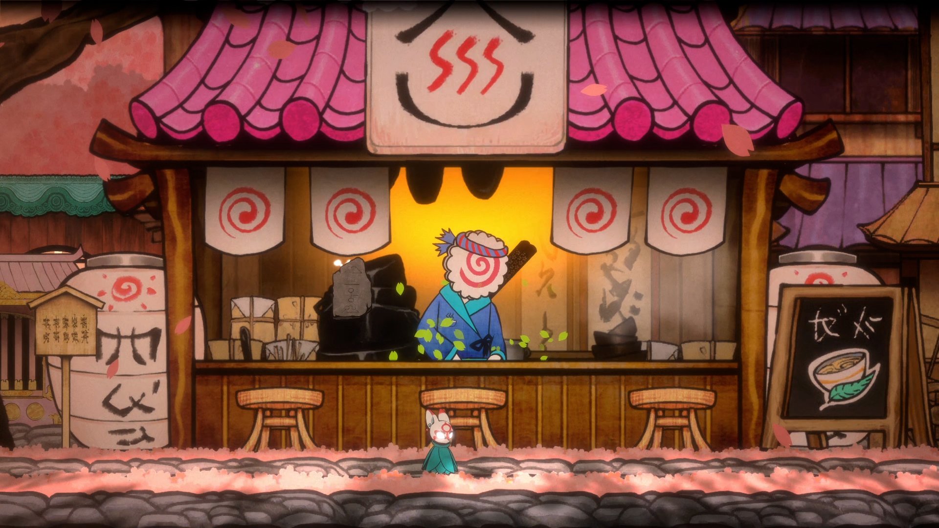 A colorful scene from the video game Bo: Path of the Teal Lotus, featuring a whimsical food stall with a smiling vendor and vibrant decorations, set against a charming backdrop.