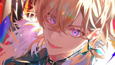 HD wallpaper featuring a close-up illustration of Aventurine, a character from the video game Honkai: Star Rail, with vibrant purple eyes and golden hair, highlighted by a backdrop of dynamic, soft light effects.