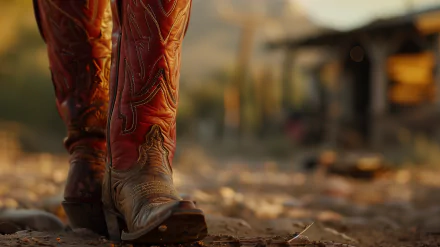 A close-up HD wallpaper of worn red cowboy boots on a dusty ground with a soft focus background suggesting a rural setting.