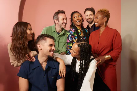 A group of joyous actors from the TV show The Big Door Prize posing together with smiles, set against a warm-toned background; suitable as an HD desktop wallpaper.
