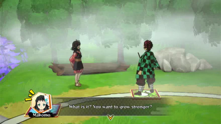 HD desktop wallpaper of a scene from the video game Demon Slayer -Kimetsu no Yaiba- Sweep the Board! featuring two characters in a misty, wooded area with dialogue text on the screen.