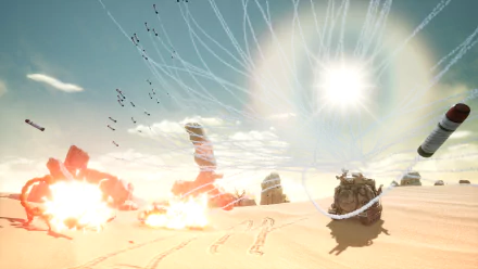 HD desktop wallpaper from the video game 'Sand Land' featuring an explosive battle scene with tanks and projectiles in a desert setting under a bright sun.