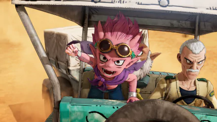 HD desktop wallpaper featuring two animated characters from the video game Sand Land, with one appearing as a pink-haired creature with goggles and a scarf, and the other as an older man with gray hair, both riding in a desert vehicle.