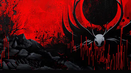 HD desktop wallpaper featuring a dark, dramatic Hollow Knight theme with a stark red and black color scheme emphasizing a mysterious and ominous atmosphere.