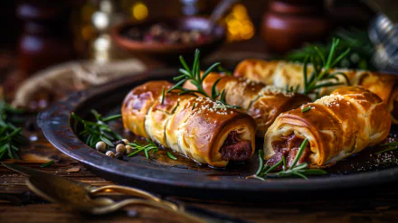 HD desktop wallpaper featuring a tantalizing close-up of golden pigs in a blanket garnished with rosemary and sesame seeds, set on a rustic dining table.