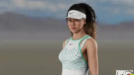 HD wallpaper from TopSpin 2K25 featuring a female tennis player in sportswear and visor, set against a subtle gradient background.