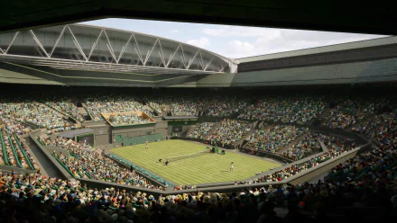 HD wallpaper from TopSpin 2K25 video game depicting a realistic tennis stadium packed with spectators during a match.