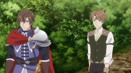 HD desktop wallpaper featuring two male anime characters from Unnamed Memory in a forest setting, one in a knight's armor and the other in formal attire.