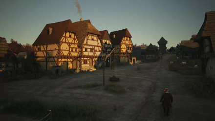 HD desktop wallpaper from the video game Manor Lords, featuring a medieval village with timber-framed houses and a character walking down a dirt road at dusk.